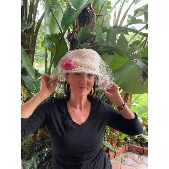 Kokin Bucket Straw Veil Ivory Floral Embroidery Net Vintage Bridal Lunch Hat - Picture 4 of 9